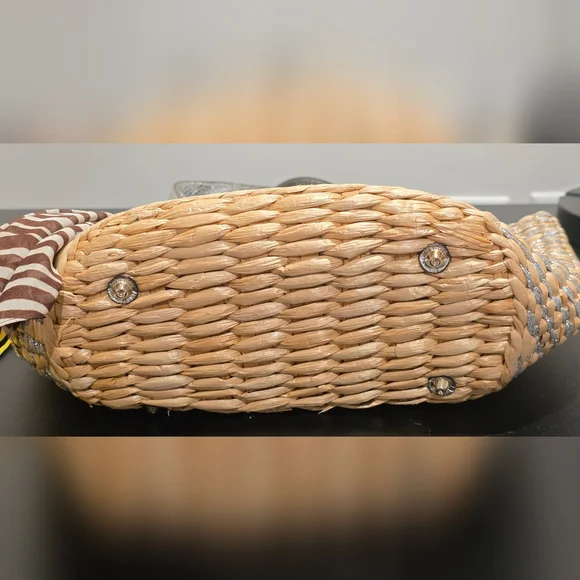 Guess Metallic Straw Tote Bag with Silver Faux Leather Trim & Scarf | Y2K - Picture 4 of 13